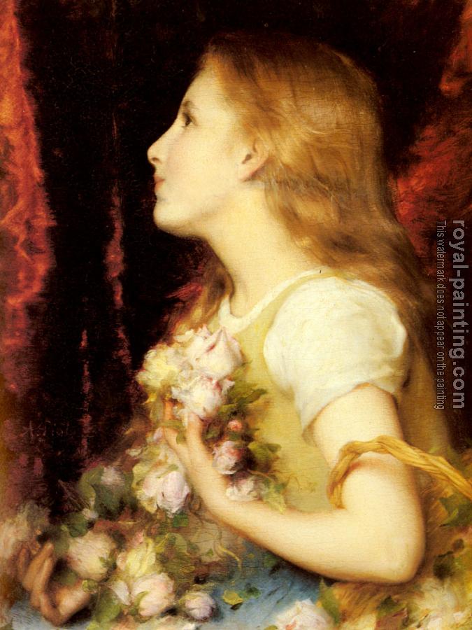Etienne Adolphe Piot : A Young Girl with a Basket of Flowers